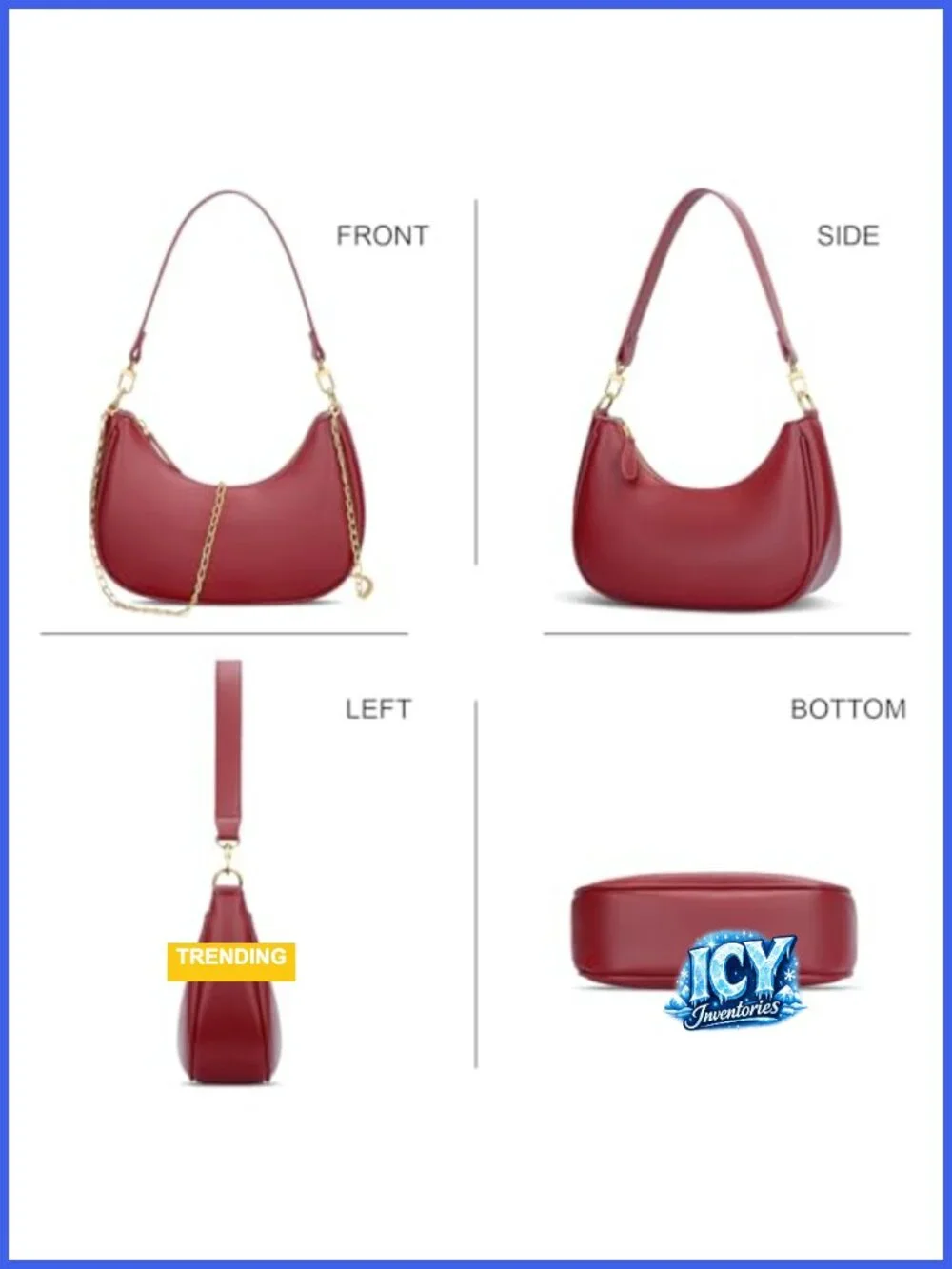 Vegan Leather Crescent Hobo Bag with Detachable Chain Crossbody Shoulder Purse